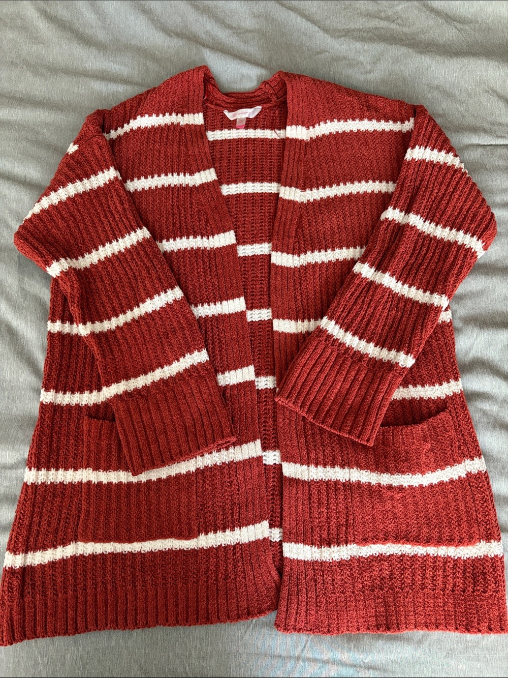 Striped Open-Front Burnt Orange & White Women's Cardigan Sweater
